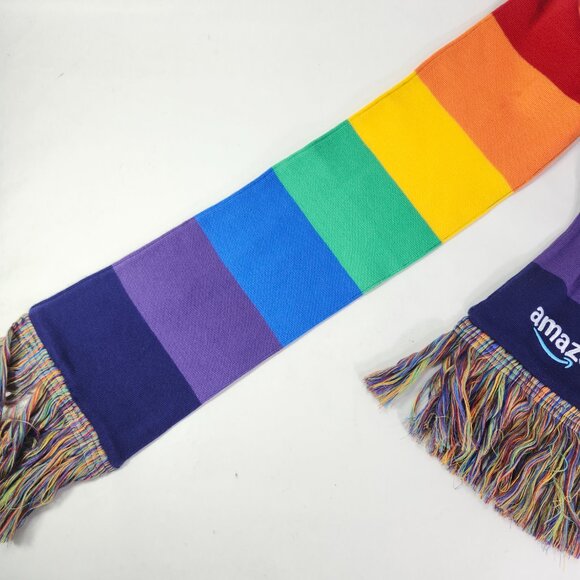 Rainbow Pride Neck Scarf 61"x7" Amazon Promo Embroidered Stitch Logo Fringe Tip - Picture 5 of 11